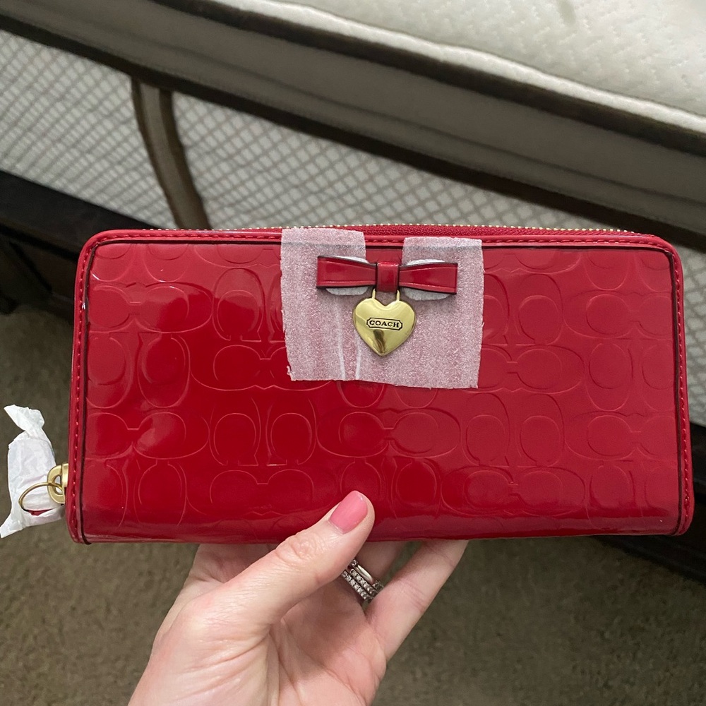 Coach Red Patent Zip Wallet with Gold Heart Charm and Bow